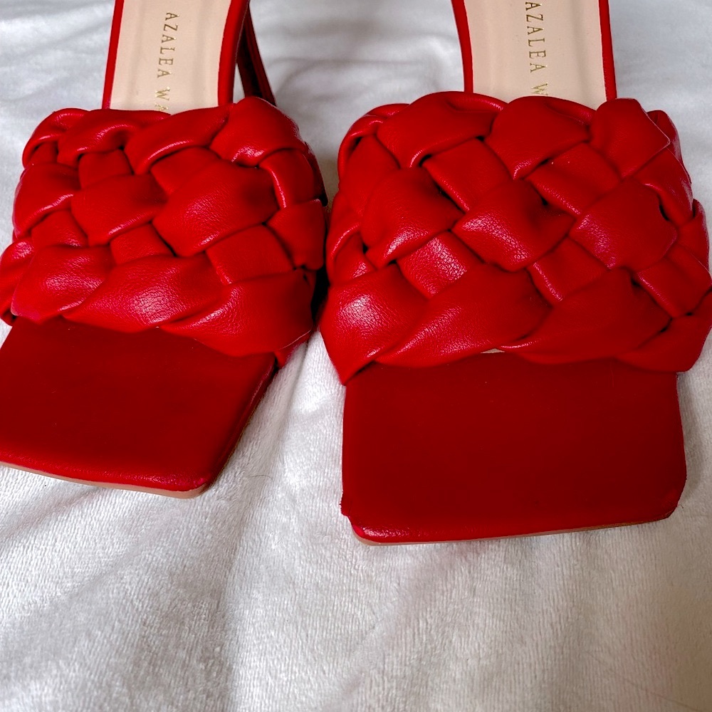 Azalea Wang Red Braided Square Toe Heels | Size 7.5 | Woven Strap Mules - Picture 2 of 8